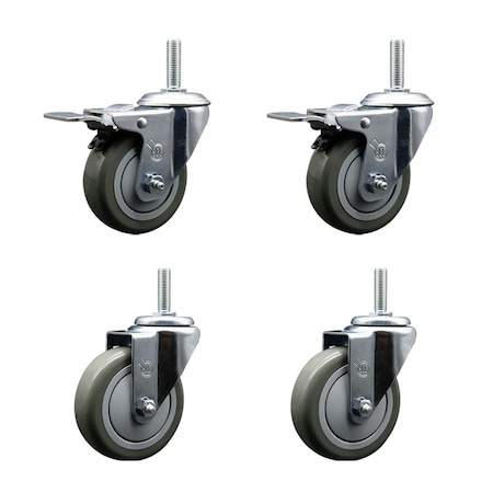 Service Caster 4 Inch Gray Polyurethane Swivel 34 Inch Threaded Stem Caster Set 2 Total Lock Brakes SCC-TSTTL20S414-PPUB-34212-2-S-2